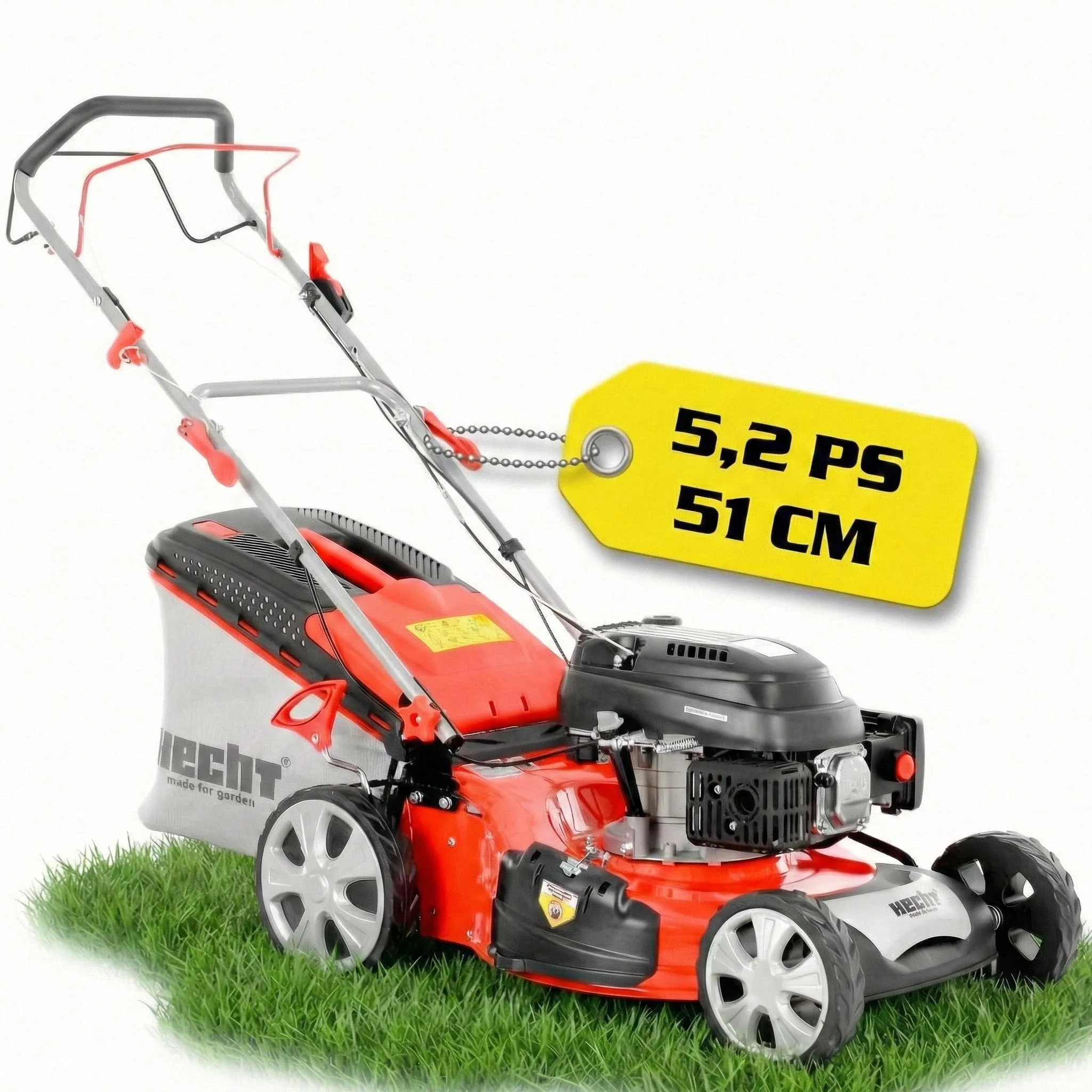 HECHT Rasenmäher Benzin mit Antrieb 551 SX  | 51 cm Schnittbreite | 5in1 | 5,5 PS | Mulchkit | 65 L Fangkorb