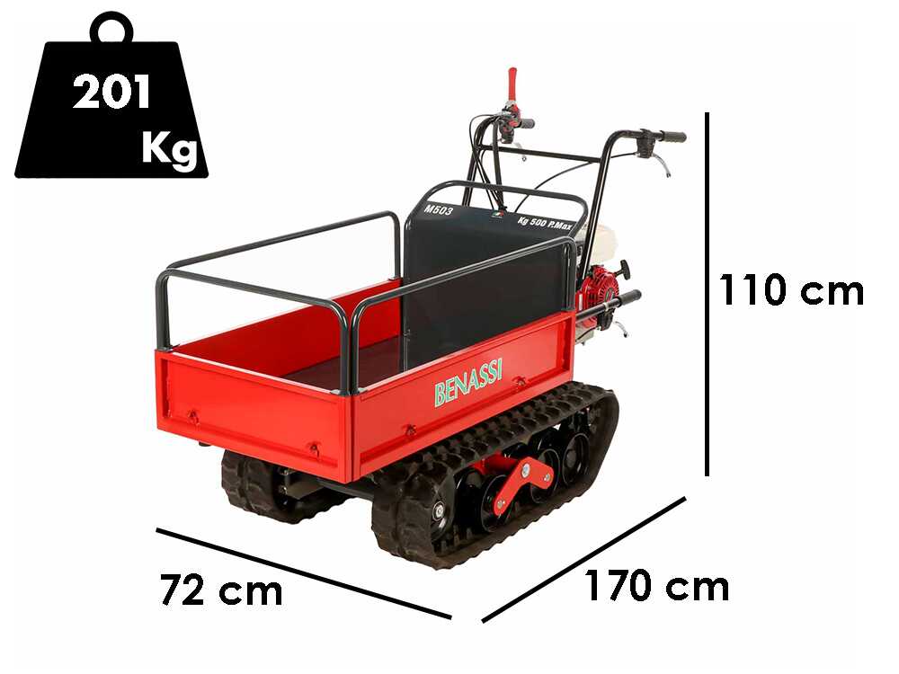 Benassi M503 – Raupen-Motorschubkarre mit erweiterbarer Mulde – Tragfähigkeit 550 kg