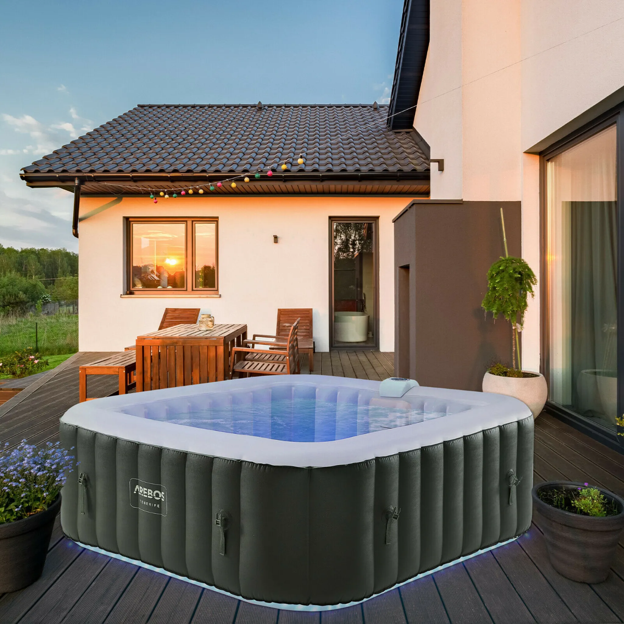 AREBOS Spa Whirlpool 6 Personen | 185x185 cm, 130 Düsen, LED & Bubble Massage